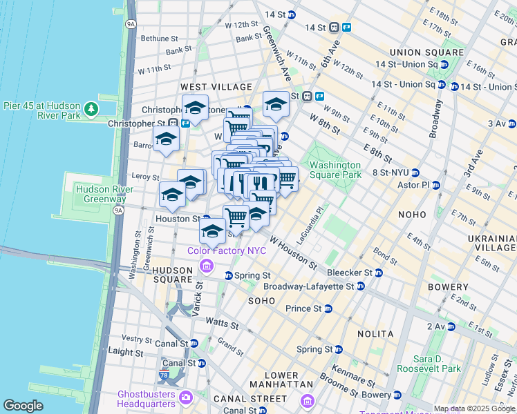 map of restaurants, bars, coffee shops, grocery stores, and more near 1 Minetta Street in New York