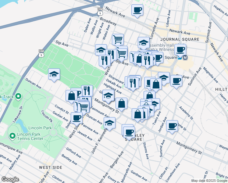 map of restaurants, bars, coffee shops, grocery stores, and more near 142 Highland Avenue in Jersey City