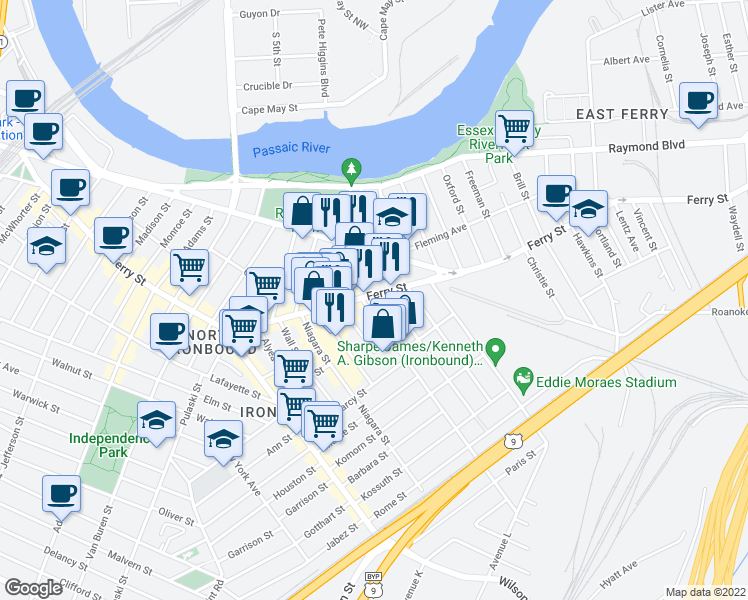 map of restaurants, bars, coffee shops, grocery stores, and more near 324 Ferry Street in Newark