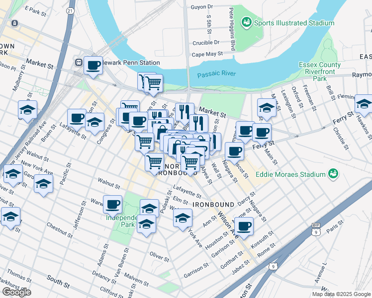 map of restaurants, bars, coffee shops, grocery stores, and more near 99 Polk Street in Newark