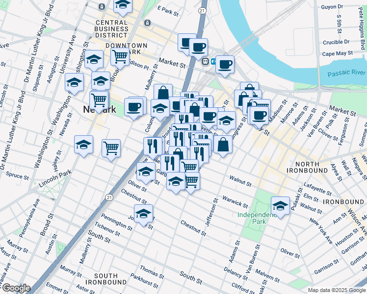 map of restaurants, bars, coffee shops, grocery stores, and more near 104 Bruen Street in Newark