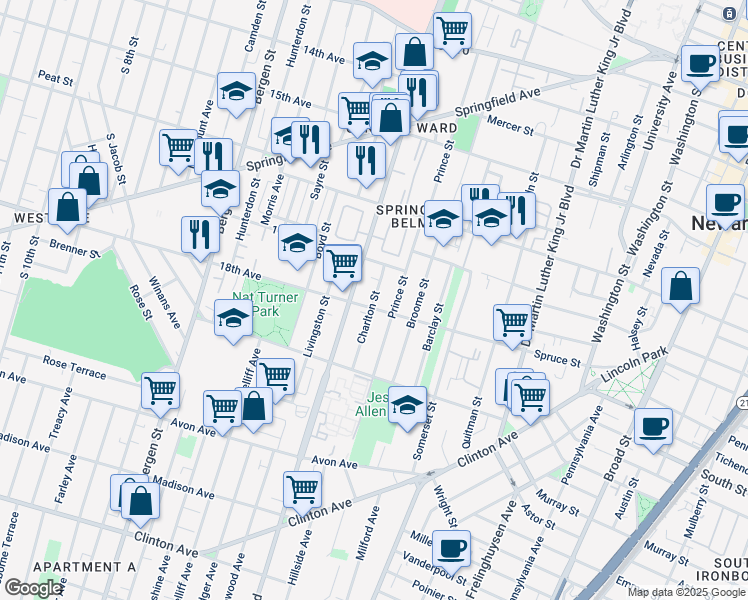 map of restaurants, bars, coffee shops, grocery stores, and more near 145 Irvine Turner Boulevard in Newark
