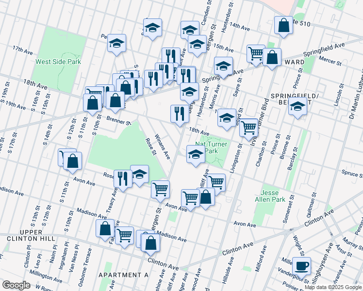 map of restaurants, bars, coffee shops, grocery stores, and more near 263 Muhammad Ali Avenue in Newark