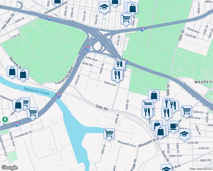 map of restaurants, bars, coffee shops, grocery stores, and more near 46-60 55th Avenue in Queens