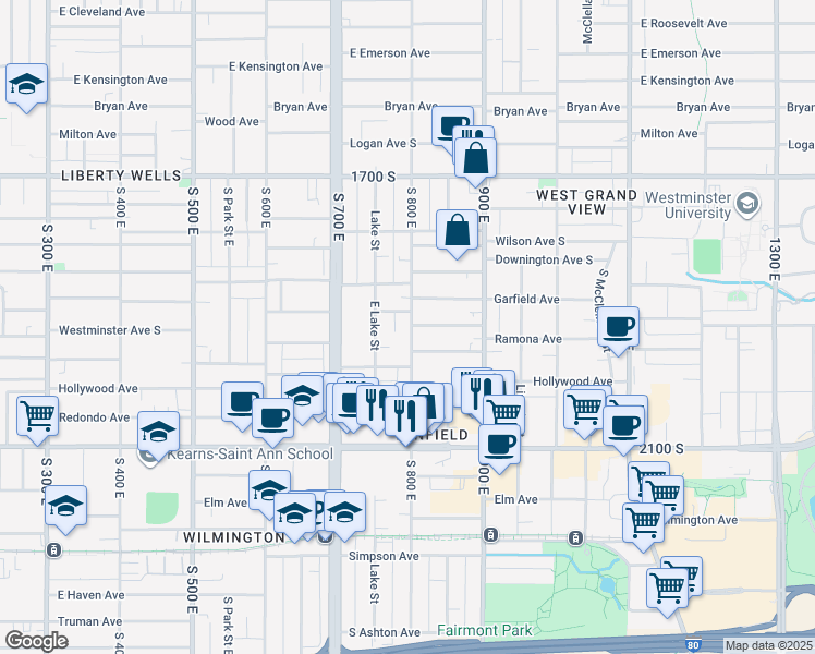 map of restaurants, bars, coffee shops, grocery stores, and more near 1890 South 800 East in Salt Lake City