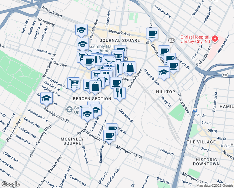 map of restaurants, bars, coffee shops, grocery stores, and more near 97 Newkirk Street in Jersey City