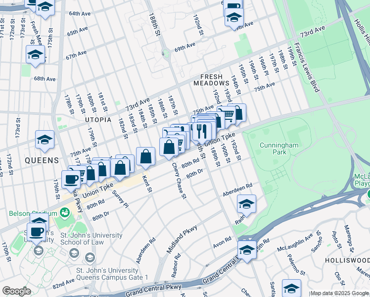 map of restaurants, bars, coffee shops, grocery stores, and more near 75-59 187th Street in Queens