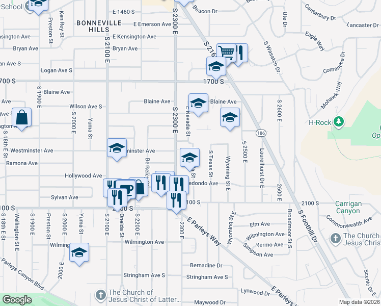 map of restaurants, bars, coffee shops, grocery stores, and more near 1898 East Nevada Street in Salt Lake City