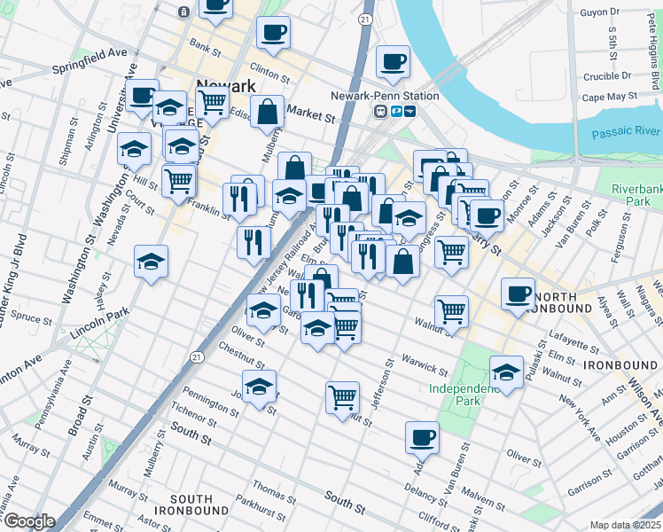 map of restaurants, bars, coffee shops, grocery stores, and more near 104 Bruen Street in Newark