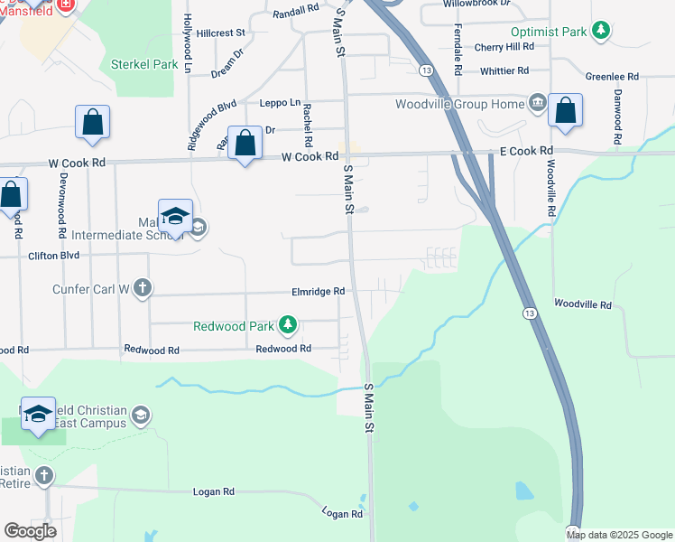 map of restaurants, bars, coffee shops, grocery stores, and more near 53 McCullough Boulevard in Mansfield