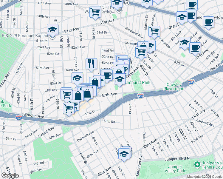 map of restaurants, bars, coffee shops, grocery stores, and more near 73-40 Grand Avenue in Queens