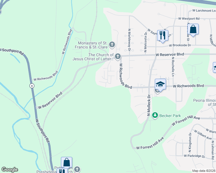 map of restaurants, bars, coffee shops, grocery stores, and more near 3801 Palmyra Court in Peoria
