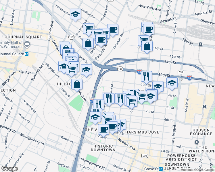 map of restaurants, bars, coffee shops, grocery stores, and more near 255 Brunswick Street in Jersey City