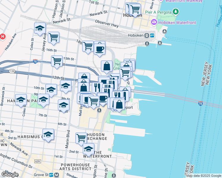 map of restaurants, bars, coffee shops, grocery stores, and more near in Jersey City