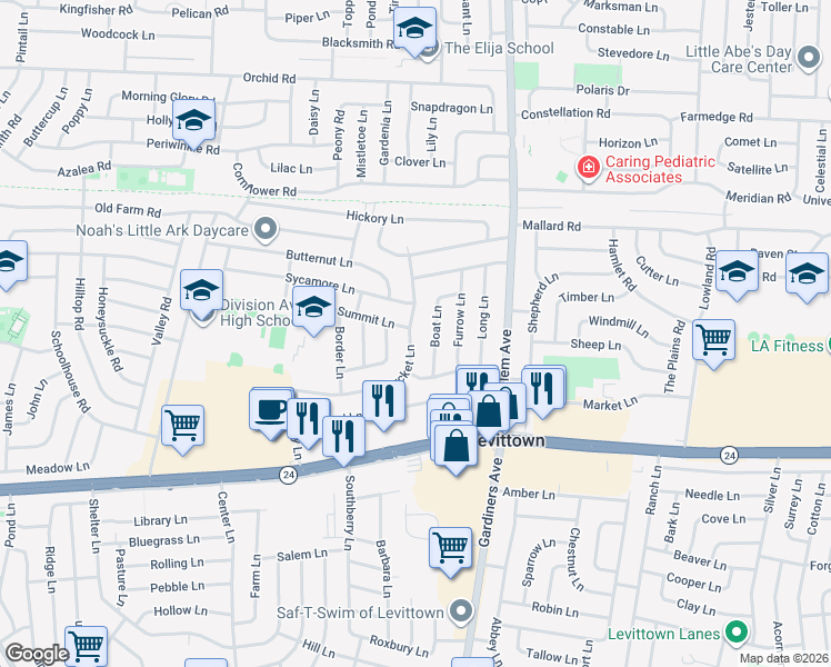 map of restaurants, bars, coffee shops, grocery stores, and more near 53 Bucket Lane in Levittown