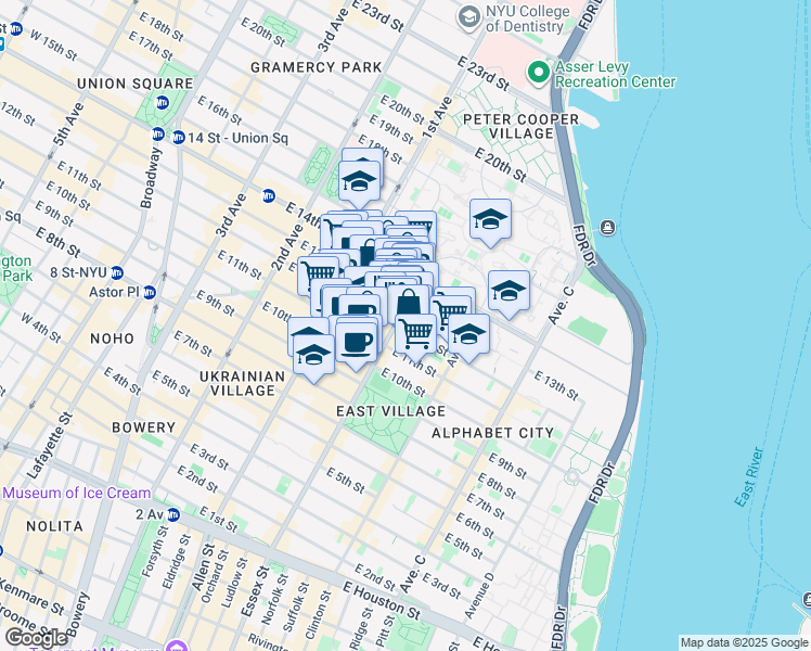 map of restaurants, bars, coffee shops, grocery stores, and more near 201 Avenue A in New York