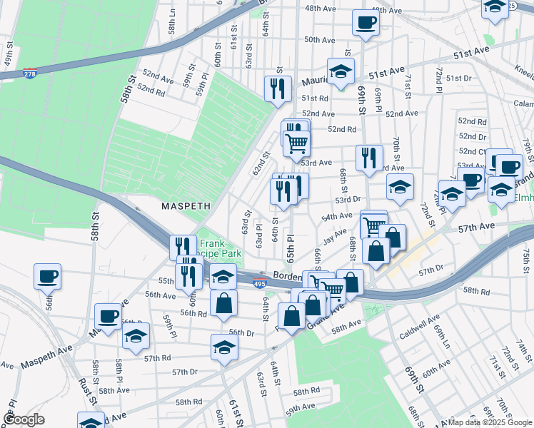 map of restaurants, bars, coffee shops, grocery stores, and more near 53-73 63rd Street in Queens