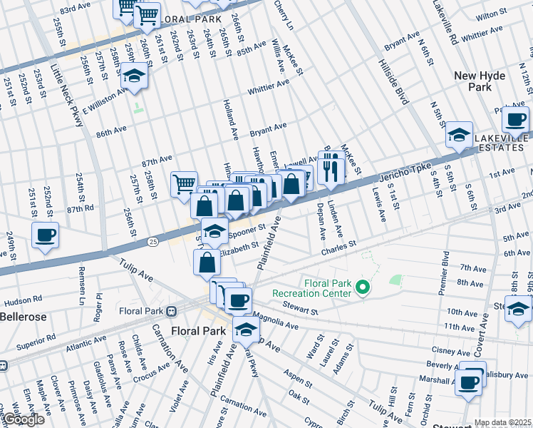 map of restaurants, bars, coffee shops, grocery stores, and more near 247 Jericho Turnpike in Floral Park