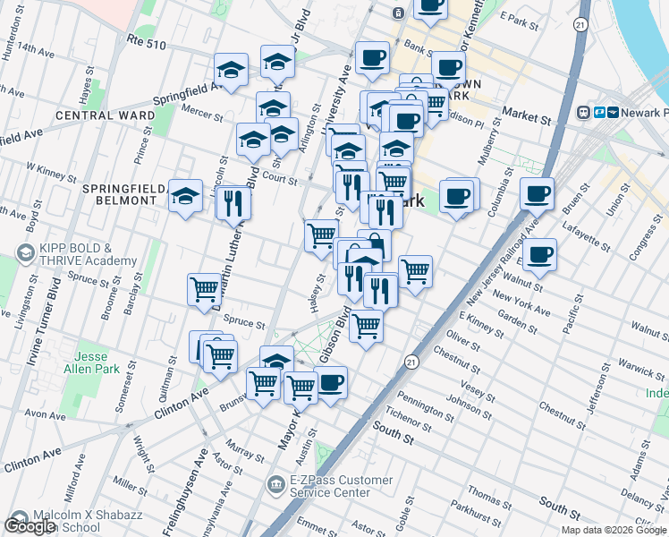 map of restaurants, bars, coffee shops, grocery stores, and more near 20 West Kinney Street in Newark