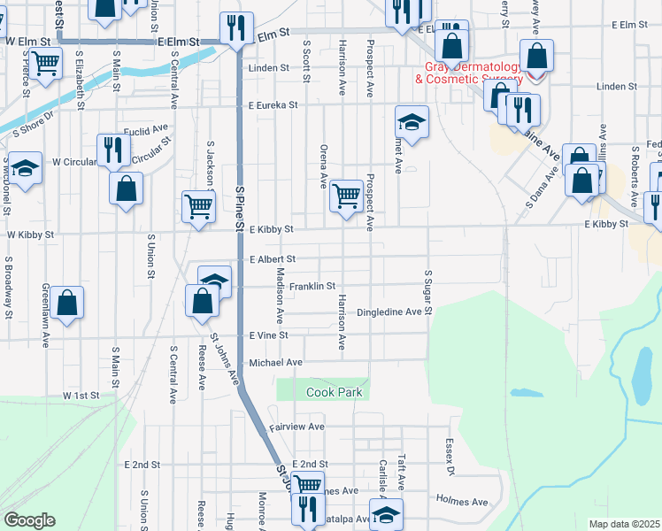 map of restaurants, bars, coffee shops, grocery stores, and more near 723 East Albert Street in Lima