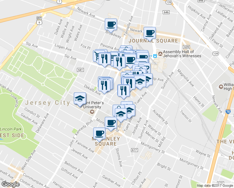 map of restaurants, bars, coffee shops, grocery stores, and more near 165 Vroom Street in Jersey City