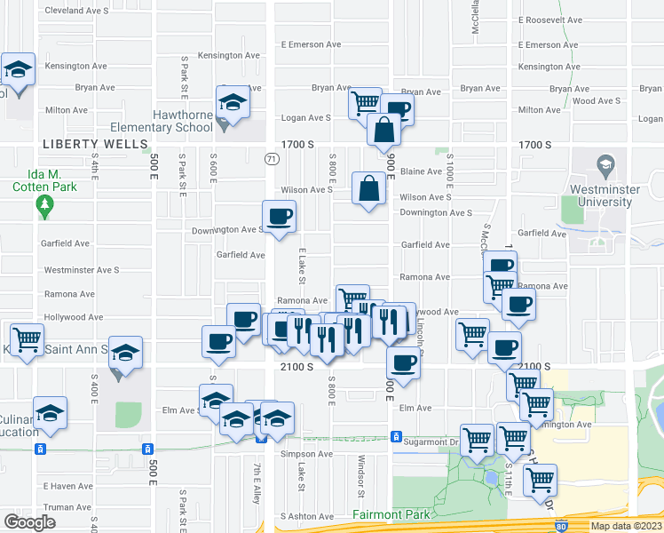map of restaurants, bars, coffee shops, grocery stores, and more near Westminster Avenue in Salt Lake City