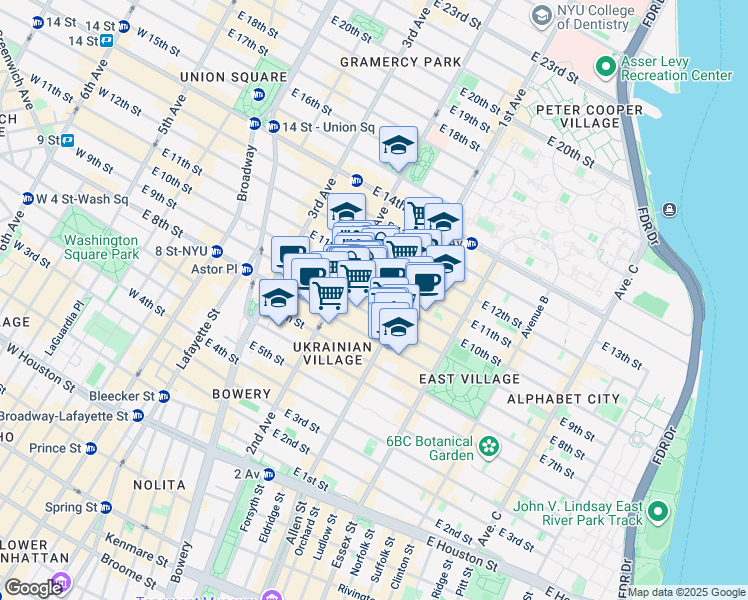 map of restaurants, bars, coffee shops, grocery stores, and more near 213 East 10th Street in New York