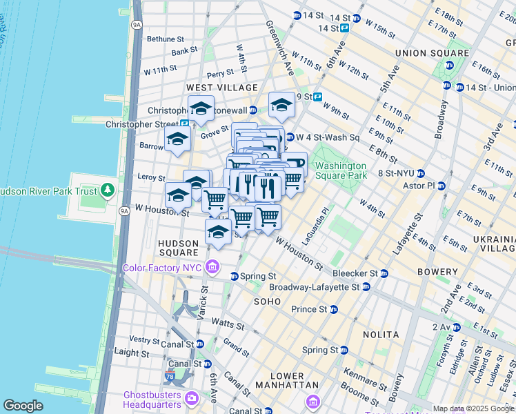 map of restaurants, bars, coffee shops, grocery stores, and more near 1 Minetta Street in New York
