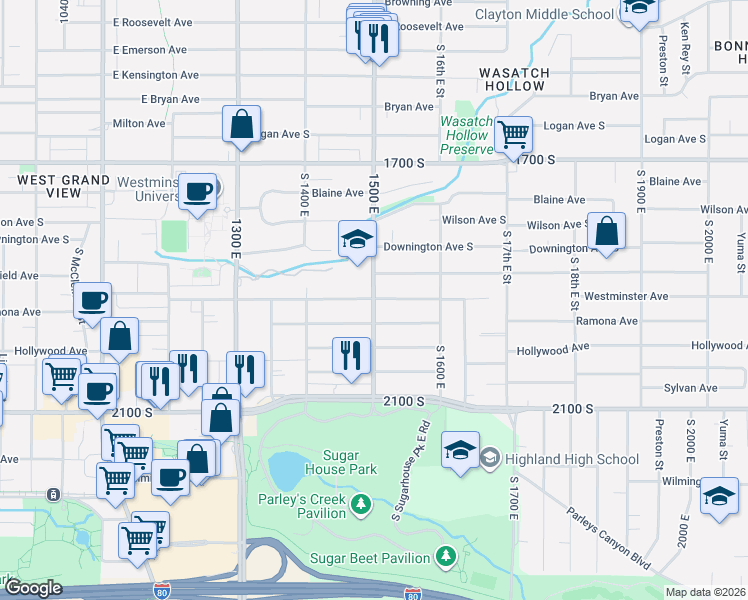 map of restaurants, bars, coffee shops, grocery stores, and more near 1897 South 1500 East in Salt Lake City