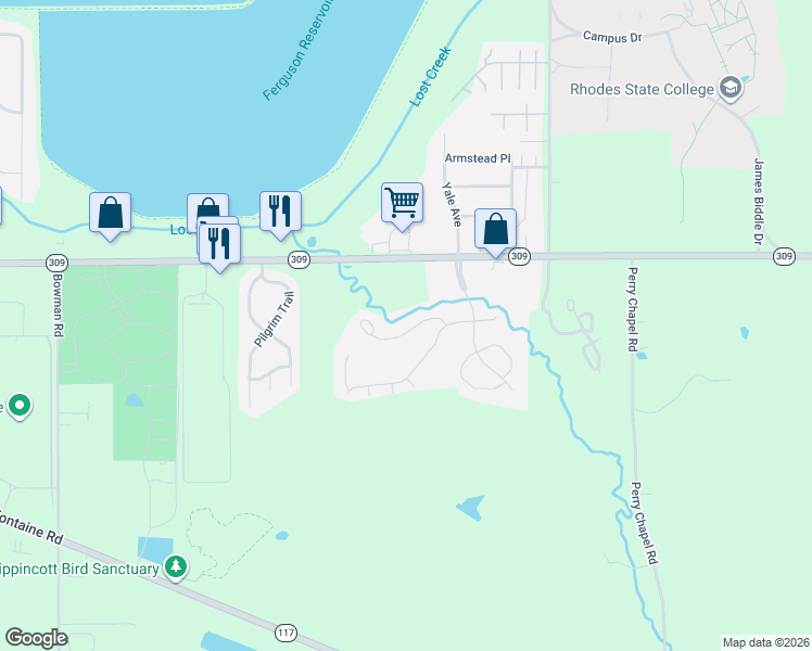 map of restaurants, bars, coffee shops, grocery stores, and more near 10 Lakeside Drive in Lima