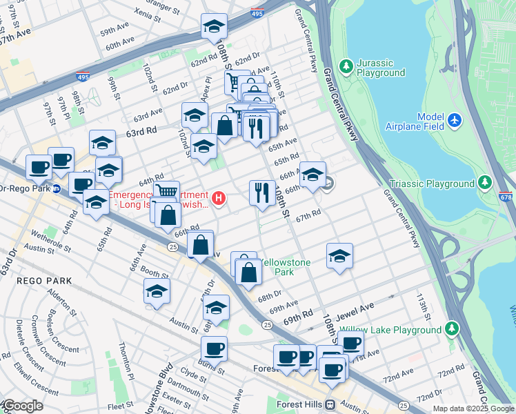 map of restaurants, bars, coffee shops, grocery stores, and more near 105-20 66th Avenue in Queens