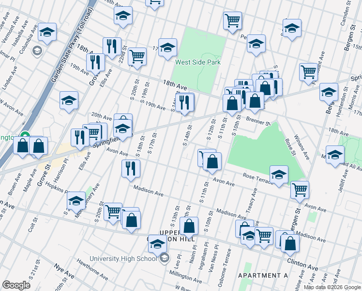 map of restaurants, bars, coffee shops, grocery stores, and more near 714 South 15th Street in Newark