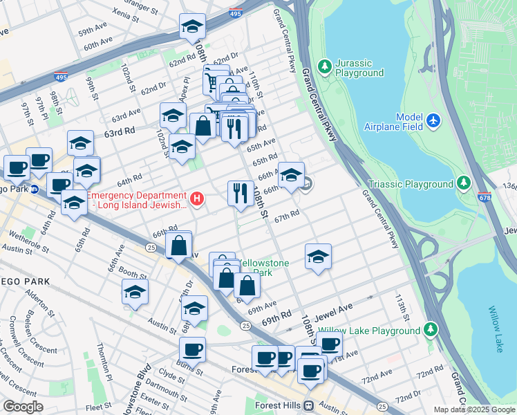 map of restaurants, bars, coffee shops, grocery stores, and more near in Queens