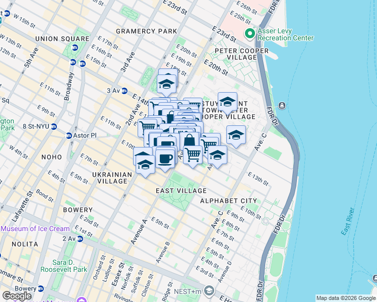 map of restaurants, bars, coffee shops, grocery stores, and more near 505 East 12th Street in New York