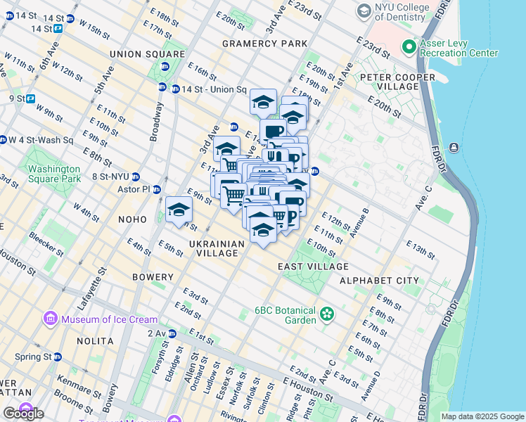map of restaurants, bars, coffee shops, grocery stores, and more near 342 East 11th Street in New York