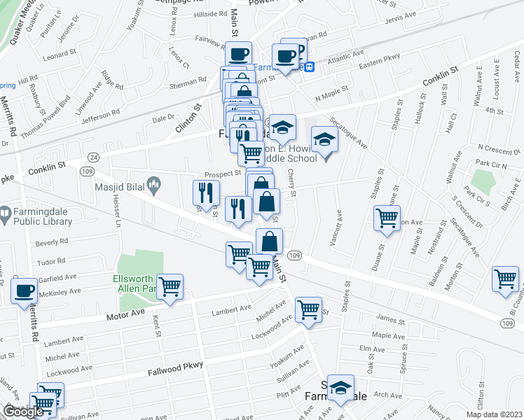 map of restaurants, bars, coffee shops, grocery stores, and more near 455 Main Street in Farmingdale