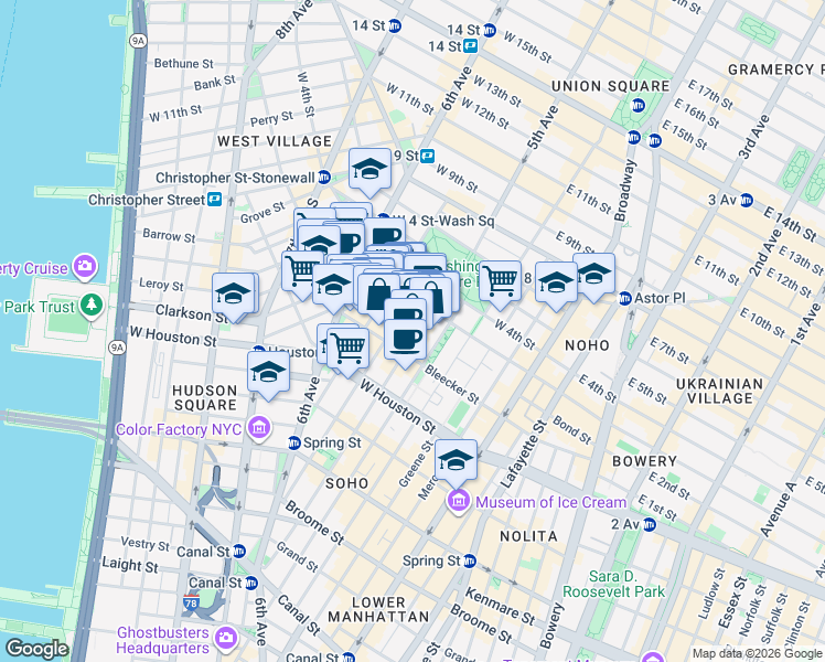 map of restaurants, bars, coffee shops, grocery stores, and more near 165 Bleecker Street in New York