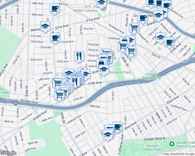 map of restaurants, bars, coffee shops, grocery stores, and more near 73-40 Grand Avenue in Queens