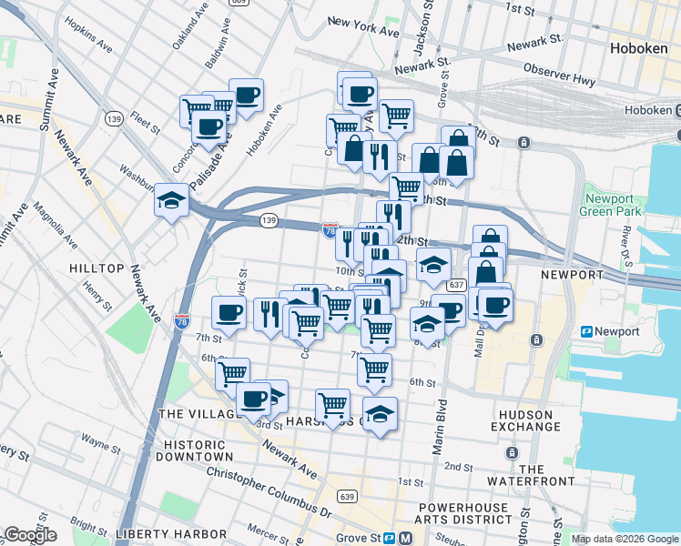 map of restaurants, bars, coffee shops, grocery stores, and more near 263 10th Street in Jersey City