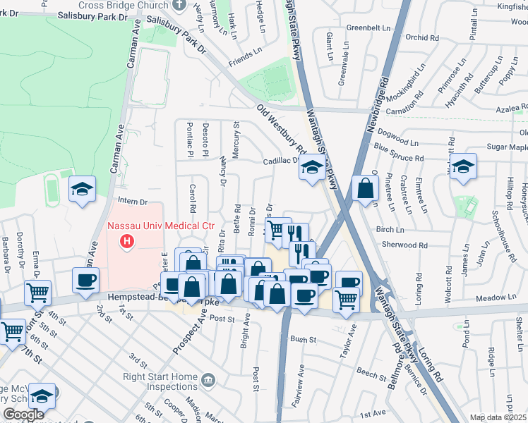 map of restaurants, bars, coffee shops, grocery stores, and more near 149 Morris Drive in East Meadow