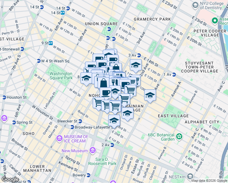 map of restaurants, bars, coffee shops, grocery stores, and more near 65 Cooper Square in New York