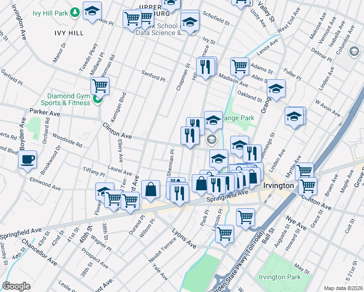 map of restaurants, bars, coffee shops, grocery stores, and more near 513 Stuyvesant Avenue in Irvington