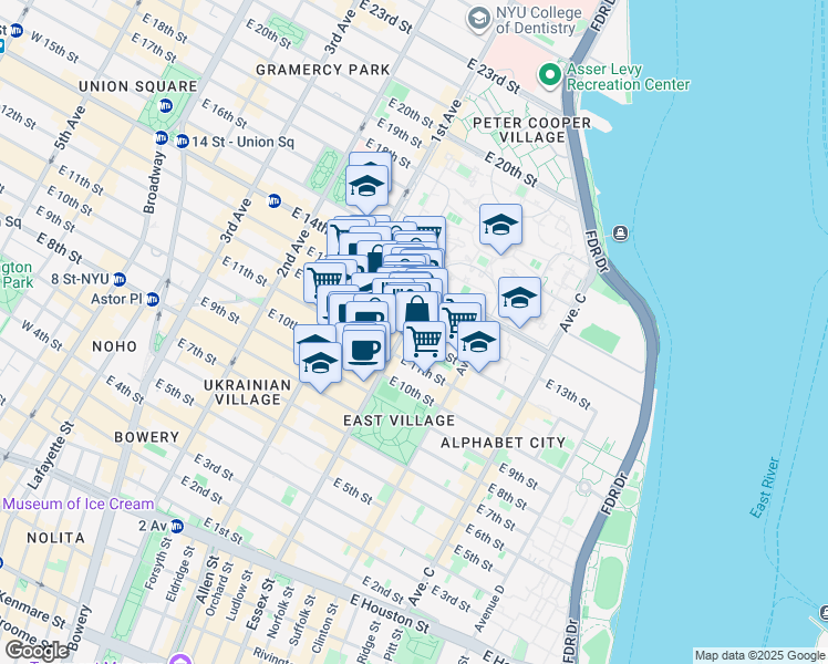 map of restaurants, bars, coffee shops, grocery stores, and more near 503 East 12th Street in New York