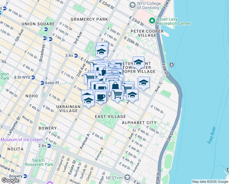 map of restaurants, bars, coffee shops, grocery stores, and more near 503 East 12th Street in New York