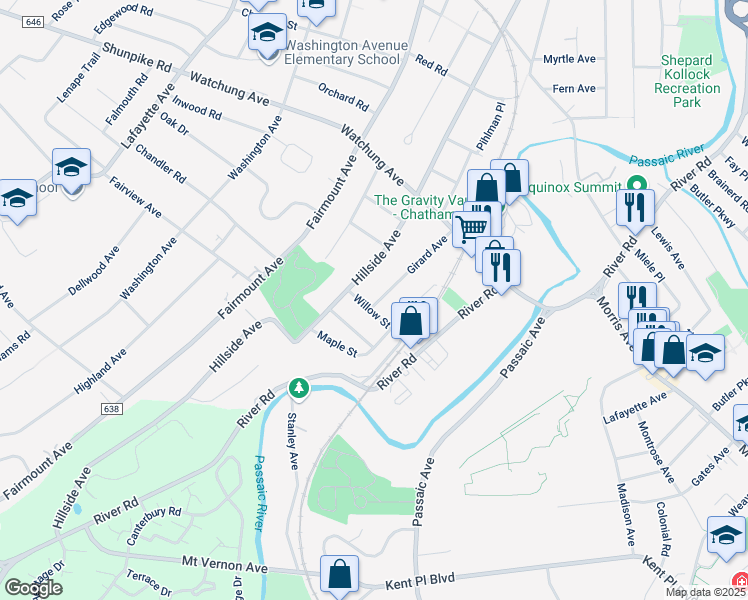 map of restaurants, bars, coffee shops, grocery stores, and more near 197 Hillside Avenue in Chatham
