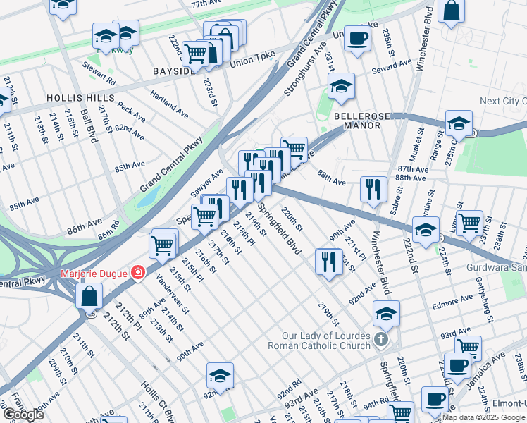 map of restaurants, bars, coffee shops, grocery stores, and more near in Queens