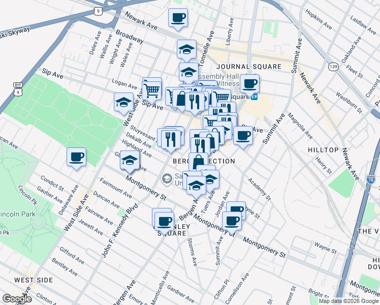 map of restaurants, bars, coffee shops, grocery stores, and more near 51 Van Reypen Street in Jersey City