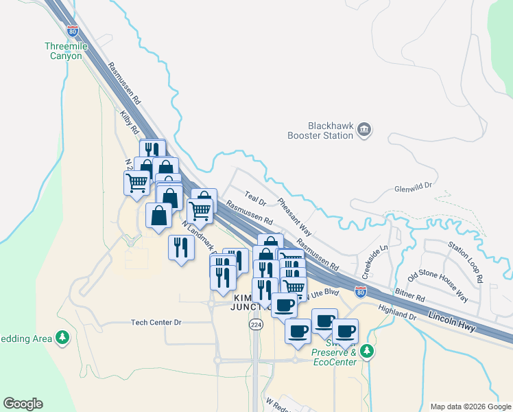 map of restaurants, bars, coffee shops, grocery stores, and more near 1753 Teal Drive in Park City