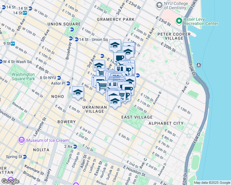 map of restaurants, bars, coffee shops, grocery stores, and more near 342 East 11th Street in New York