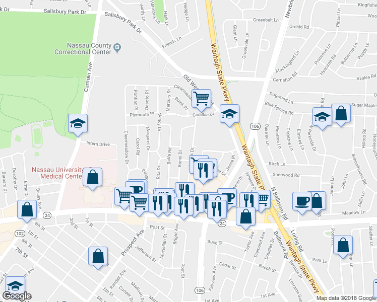 map of restaurants, bars, coffee shops, grocery stores, and more near 149 Morris Drive in East Meadow